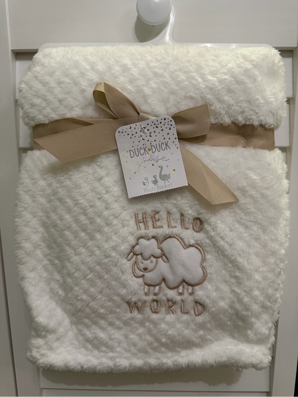 Duck Duck Goose Plush Baby Blanket - Cream "Hello World"